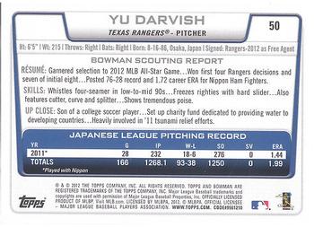 2012 Bowman Draft Picks & Prospects - Chrome #50 Yu Darvish Back