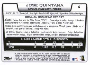 2012 Bowman Draft Picks & Prospects - Chrome #6 Jose Quintana Back