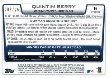 2012 Bowman Draft Picks & Prospects - Chrome Blue Refractors #16 Quintin Berry Back