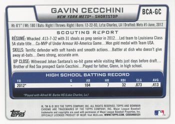 2012 Bowman Draft Picks & Prospects - Chrome Draft Pick Autographs #BCA-GC Gavin Cecchini Back