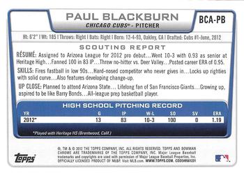 2012 Bowman Draft Picks & Prospects - Chrome Draft Pick Autographs #BCA-PB Paul Blackburn Back
