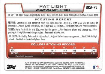 2012 Bowman Draft Picks & Prospects - Chrome Draft Pick Autographs #BCA-PL Pat Light Back