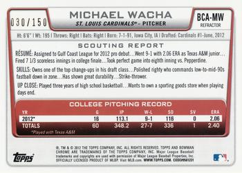 2012 Bowman Draft Picks & Prospects - Chrome Draft Pick Autographs Blue Refractors #BCA-MW Michael Wacha Back