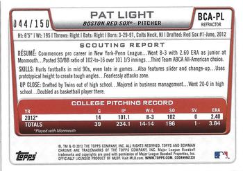 2012 Bowman Draft Picks & Prospects - Chrome Draft Pick Autographs Blue Refractors #BCA-PL Pat Light Back