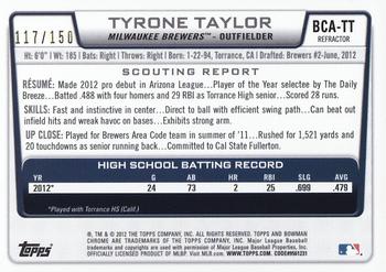 2012 Bowman Draft Picks & Prospects - Chrome Draft Pick Autographs Blue Refractors #BCA-TT Tyrone Taylor Back