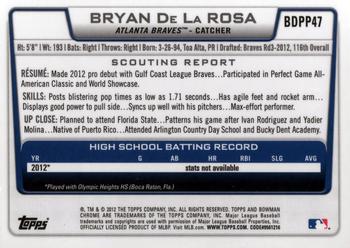 2012 Bowman Draft Picks & Prospects - Chrome Draft Picks #BDPP47 Bryan De La Rosa Back
