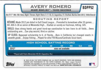 2012 Bowman Draft Picks & Prospects - Chrome Draft Picks #BDPP52 Avery Romero Back