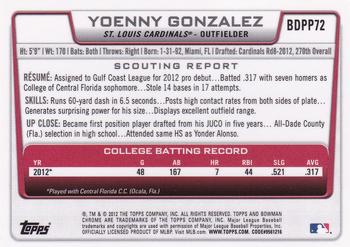 2012 Bowman Draft Picks & Prospects - Chrome Draft Picks #BDPP72 Yoenny Gonzalez Back