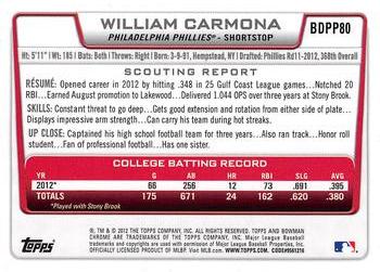 2012 Bowman Draft Picks & Prospects - Chrome Draft Picks #BDPP80 William Carmona Back