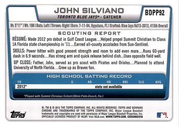 2012 Bowman Draft Picks & Prospects - Chrome Draft Picks #BDPP92 John Silviano Back
