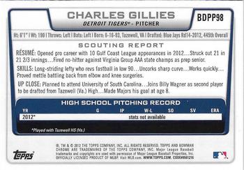 2012 Bowman Draft Picks & Prospects - Chrome Draft Picks #BDPP98 Charles Gillies Back