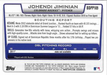 2012 Bowman Draft Picks & Prospects - Chrome Draft Picks #BDPP109 Johendi Jiminian Back