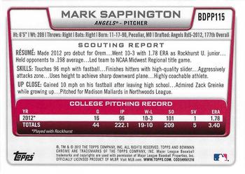 2012 Bowman Draft Picks & Prospects - Chrome Draft Picks #BDPP115 Mark Sappington Back
