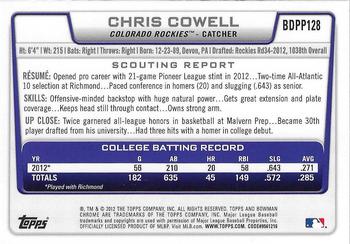 2012 Bowman Draft Picks & Prospects - Chrome Draft Picks #BDPP128 Chris Cowell Back