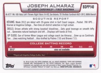 2012 Bowman Draft Picks & Prospects - Chrome Draft Picks #BDPP140 Joseph Almaraz Back