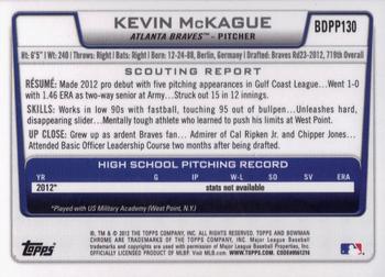 2012 Bowman Draft Picks & Prospects - Chrome Draft Picks #BDPP130 Kevin McKague Back