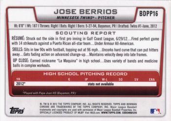 2012 Bowman Draft Picks & Prospects - Chrome Draft Picks #BDPP16 Jose Berrios Back