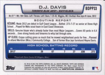2012 Bowman Draft Picks & Prospects - Chrome Draft Picks #BDPP33 D.J. Davis Back