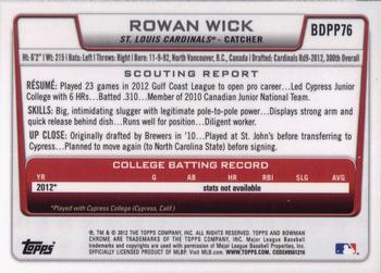 2012 Bowman Draft Picks & Prospects - Chrome Draft Picks #BDPP76 Rowan Wick Back