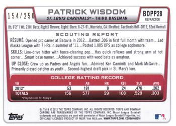 2012 Bowman Draft Picks & Prospects - Chrome Draft Picks Blue Refractors #BDPP28 Patrick Wisdom Back