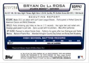 2012 Bowman Draft Picks & Prospects - Chrome Draft Picks Blue Refractors #BDPP47 Bryan De La Rosa Back