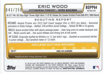 2012 Bowman Draft Picks & Prospects - Chrome Draft Picks Blue Refractors #BDPP64 Eric Wood Back