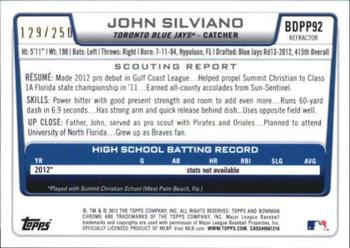 2012 Bowman Draft Picks & Prospects - Chrome Draft Picks Blue Refractors #BDPP92 John Silviano Back