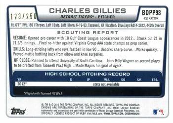 2012 Bowman Draft Picks & Prospects - Chrome Draft Picks Blue Refractors #BDPP98 Charles Gillies Back