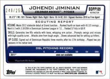 2012 Bowman Draft Picks & Prospects - Chrome Draft Picks Blue Refractors #BDPP109 Johendi Jiminian Back