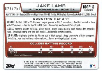 2012 Bowman Draft Picks & Prospects - Chrome Draft Picks Blue Refractors #BDPP110 Jake Lamb Back