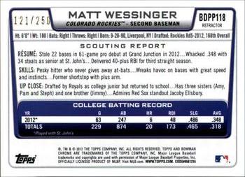 2012 Bowman Draft Picks & Prospects - Chrome Draft Picks Blue Refractors #BDPP118 Matt Wessinger Back