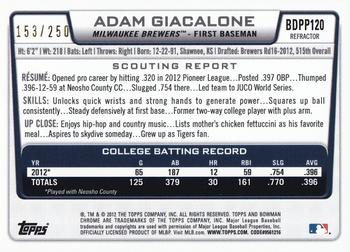 2012 Bowman Draft Picks & Prospects - Chrome Draft Picks Blue Refractors #BDPP120 Adam Giacalone Back