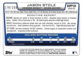 2012 Bowman Draft Picks & Prospects - Chrome Draft Picks Blue Refractors #BDPP125 Jason Stolz Back