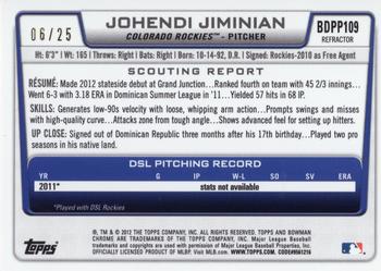 2012 Bowman Draft Picks & Prospects - Chrome Draft Picks Orange Refractors #BDPP109 Johendi Jiminian Back