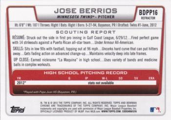 2012 Bowman Draft Picks & Prospects - Chrome Draft Picks Refractors #BDPP16 Jose Berrios Back
