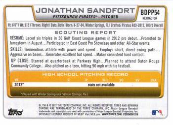 2012 Bowman Draft Picks & Prospects - Chrome Draft Picks Refractors #BDPP54 Jonathan Sandfort Back