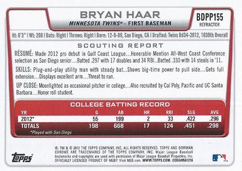 2012 Bowman Draft Picks & Prospects - Chrome Draft Picks Refractors #BDPP155 Bryan Haar Back