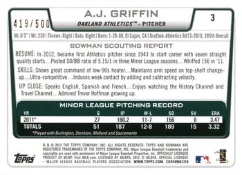 2012 Bowman Draft Picks & Prospects - Blue #3 A.J. Griffin Back
