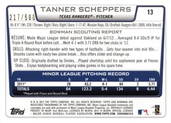 2012 Bowman Draft Picks & Prospects - Blue #13 Tanner Scheppers Back