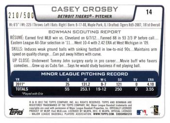 2012 Bowman Draft Picks & Prospects - Blue #14 Casey Crosby Back