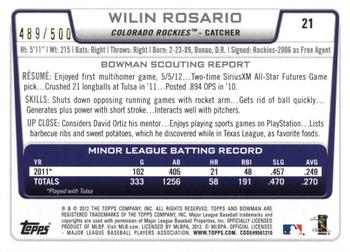 2012 Bowman Draft Picks & Prospects - Blue #21 Wilin Rosario Back