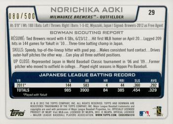 2012 Bowman Draft Picks & Prospects - Blue #29 Norichika Aoki Back