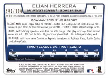 2012 Bowman Draft Picks & Prospects - Blue #51 Elian Herrera Back
