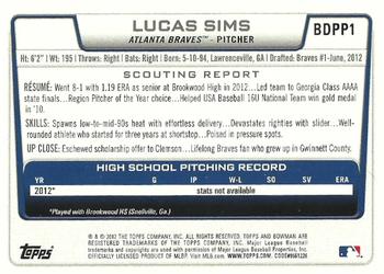 2012 Bowman Draft Picks & Prospects - Draft Picks #BDPP1 Lucas Sims Back