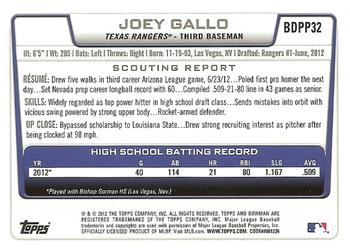 2012 Bowman Draft Picks & Prospects - Draft Picks #BDPP32 Joey Gallo Back