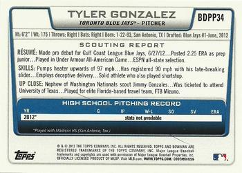 2012 Bowman Draft Picks & Prospects - Draft Picks #BDPP34 Tyler Gonzalez Back