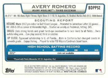 2012 Bowman Draft Picks & Prospects - Draft Picks #BDPP52 Avery Romero Back