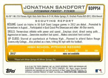 2012 Bowman Draft Picks & Prospects - Draft Picks #BDPP54 Jonathan Sandfort Back