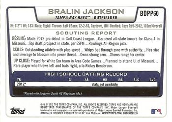 2012 Bowman Draft Picks & Prospects - Draft Picks #BDPP60 Bralin Jackson Back