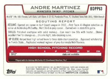 2012 Bowman Draft Picks & Prospects - Draft Picks #BDPP63 Andre Martinez Back